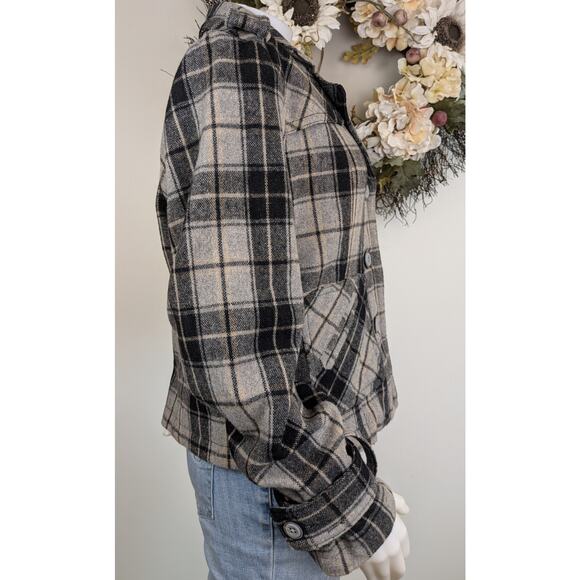 Rough Hewn Wool Blend Plaid Button Jacket XL Short Moto Peacoat Black Gray Tan - Picture 3 of 13
